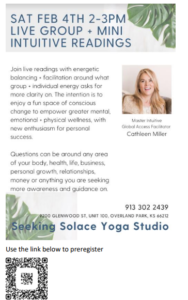 Feb. 2nd - LIVE Intuitive Medium Wellness + Life Readings with Cathleen Miller @ Seeking Solace Yoga Studio